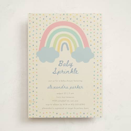 This is a sweet mint baby shower invitations with standard by Ilene Guy called rainbow sprinkles printing on signature in standard