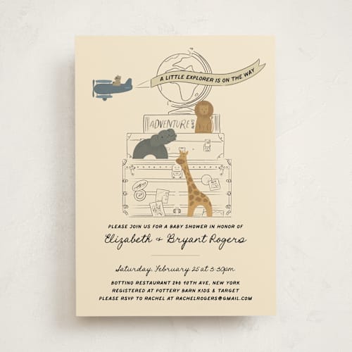 This is a butter baby shower invitations with standard by Jenna Holcomb called little explorer printing on signature in standard