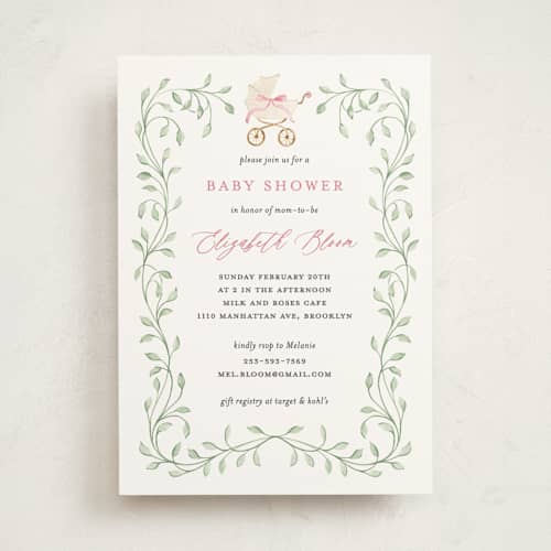 This is a peony baby shower invitations with standard by Sarah Knight called graceful printing on signature in standard
