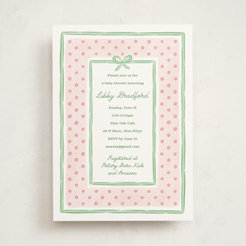 This is a strawberry baby shower invitations with standard by Erin German called polka dot frame printing on signature in standard