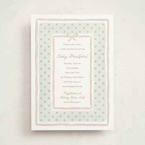 This is a honeydew baby shower invitations with standard by Erin German called polka dot frame printing on signature in standard