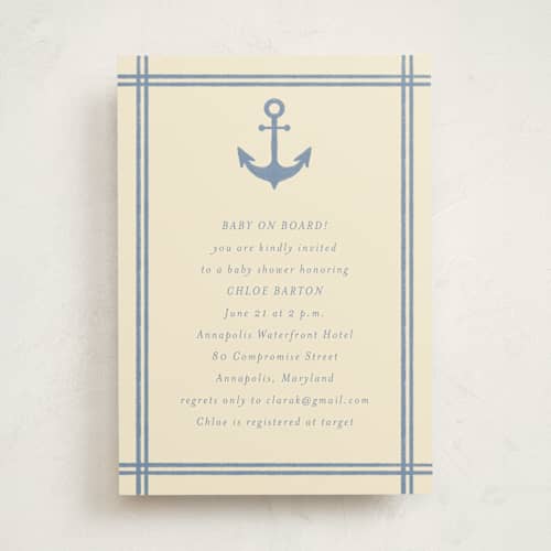 This is a sand baby shower invitations with standard by Brynne Foster called ahoy printing on signature in standard