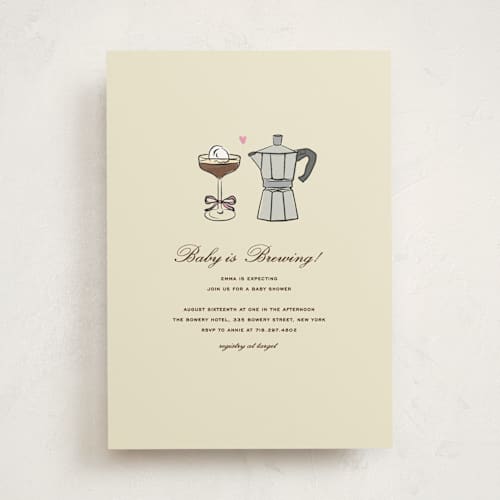 This is a cream baby shower invitations with standard by Jennifer Lew called espresso printing on signature in standard