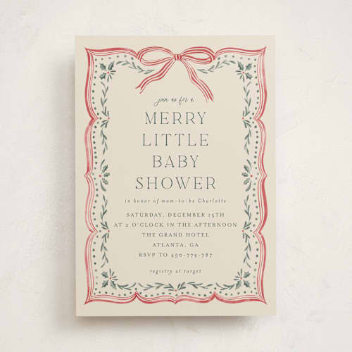 This is a eggnog baby shower invitations with standard by Chris Griffith called ribbon stripe holiday printing on signature in standard