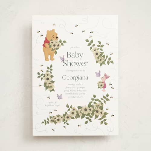 This is a spring baby shower invitations with standard by Townsend Majors called disney's winnie the pooh in bloom printing on signature in standard