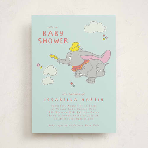 This is a baby blue baby shower invitations with standard by Kanika Mathur called disney's baby dumbo printing on signature in standard