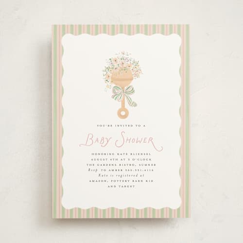 This is a blush baby shower invitations with standard by Itsy Belle Studio called floral rattle printing on signature in standard