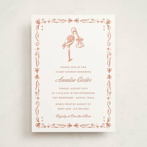 This is a blush baby shower invitations with standard by Kaylee Morgan called watercolor stork baby shower invitation printing on signature in standard
