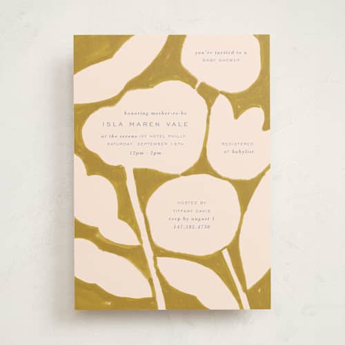 This is a mustard baby shower invitations with standard by Sierra Lee called flora printing on signature in standard