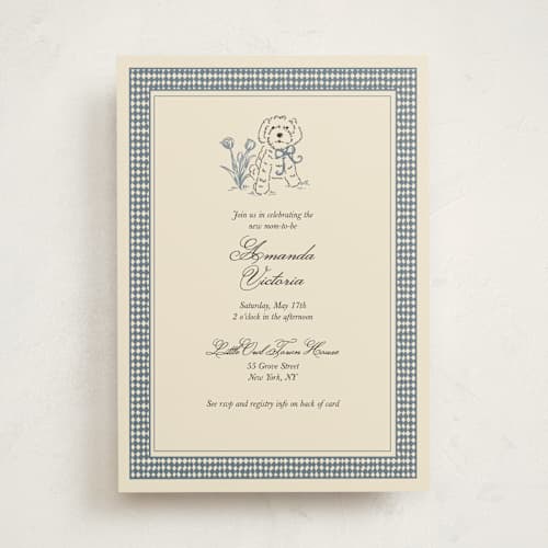 This is a denim baby shower invitations with standard by Noun New York called cottage core dog with watering can of flowers printing on signature in standard