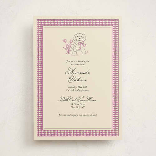 This is a magenta baby shower invitations with standard by Noun New York called cottage core dog with watering can of flowers printing on signature in standard