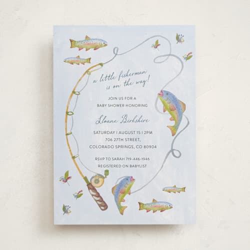 This is a lake baby shower invitations with standard by Sally Dayton called a little fisherman is on the way! printing on signature in standard