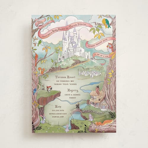 This is a mint baby shower invitations with standard by Becky Nimoy called sleeping beauty storybook forest printing on signature in standard
