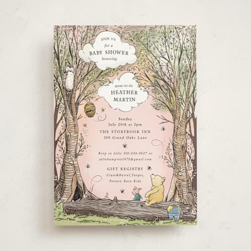 This is a petal baby shower invitations with standard by Becky Nimoy called disney's winnie the pooh in the wood printing on signature in standard