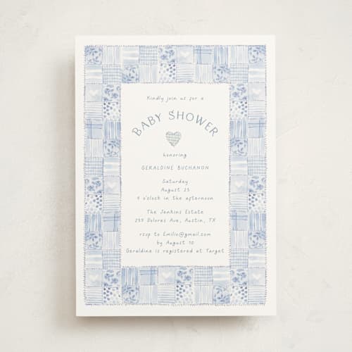 This is a blueberry baby shower invitations with standard by frau brandt called soft quilt printing on signature in standard