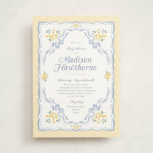 This is a sunshine baby shower invitations with standard by Erin L. Wilson called baby eyelet printing on signature in standard