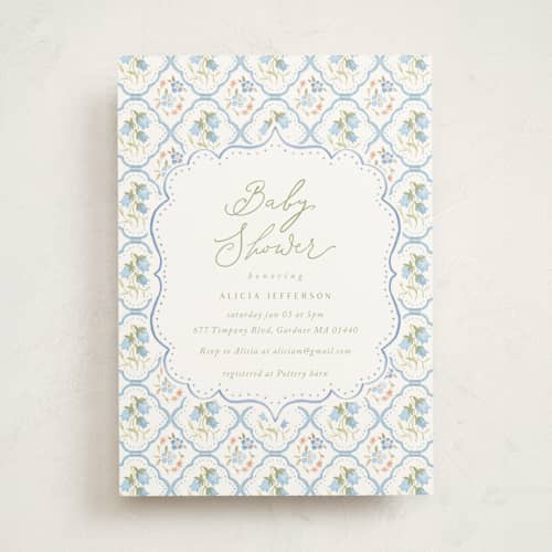 This is a icing baby shower invitations with standard by samovilka called bluefloralbaby printing on signature in standard
