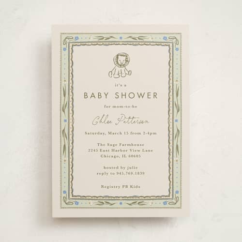 This is a seafoam baby shower invitations with standard by Lucrecia Caporale called baby little toys printing on signature in standard