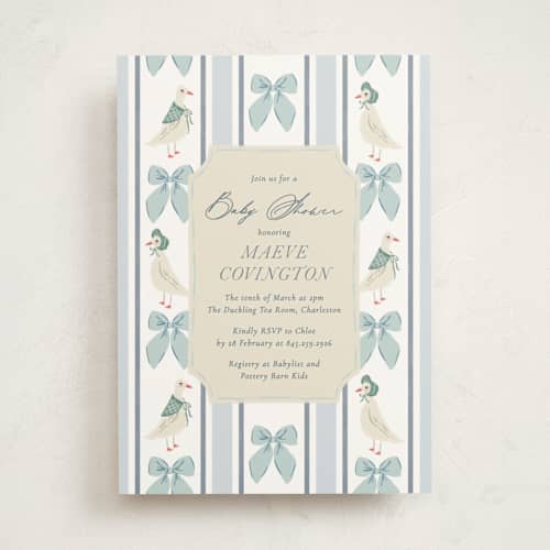 This is a bluebell baby shower invitations with standard by Jackie Crawford called little ducks printing on signature in standard