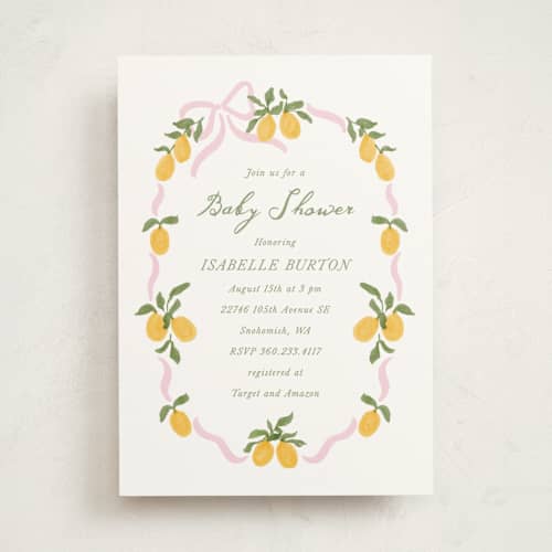 This is a pink lemonade baby shower invitations with standard by Angela Garrick called lemon and ribbon printing on signature in standard