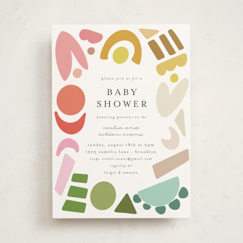This is a rainbow baby shower invitations with standard by Morgan Kendall called rainbow shapes printing on signature in standard