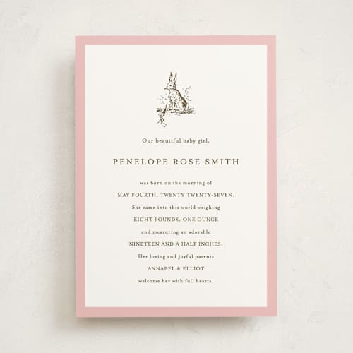 This is a blush birth announcements with standard by Megan Davis called classic bunny printing on signature in standard