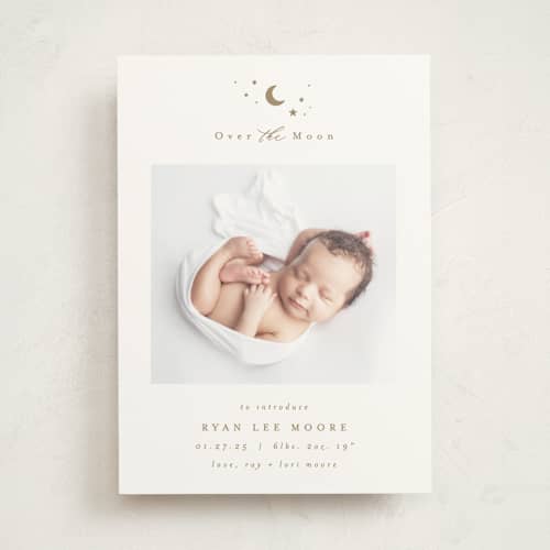 This is a fawn birth announcements with standard by AK Graphics called over the moon printing on signature in standard