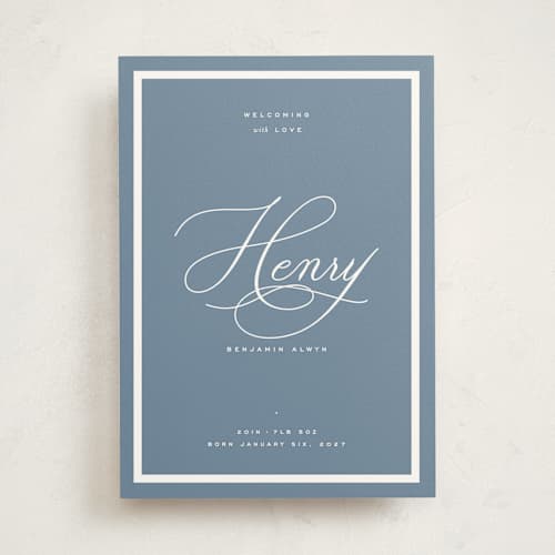 This is a sky birth announcements with standard by Blustery August called welcome baby printing on signature in standard