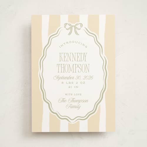 This is a sage birth announcements with standard by Robert and Stella called bow frame printing on signature in standard