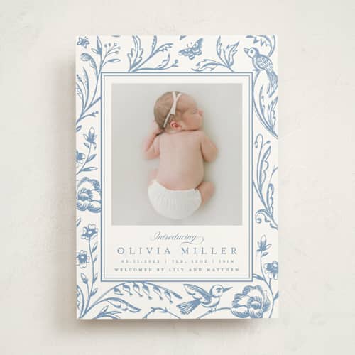 This is a cloud birth announcements with standard by Teju Reval called dreamy garden printing on signature in standard