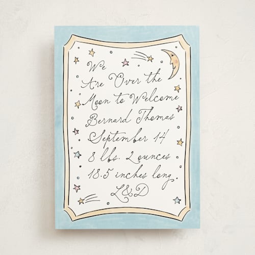 This is a sky birth announcements with standard by Ashlee Townsend called over the moon and back printing on signature in standard
