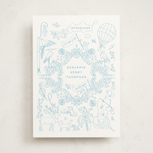 This is a cerulean birth announcements with standard by Paloma Morand Monteil called my little world tour printing on signature in standard
