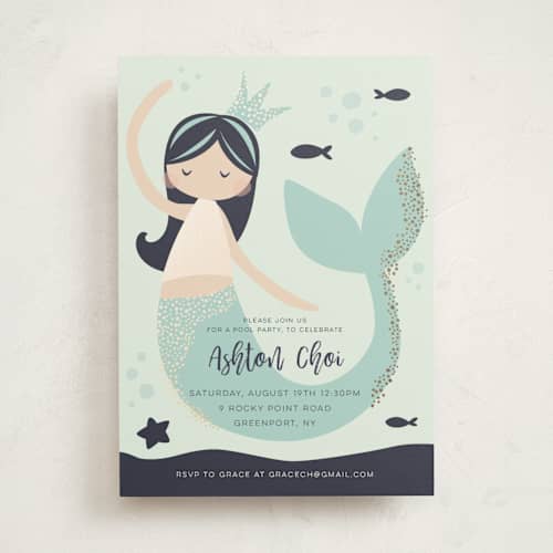 This is a deep sea kids birthday invitations with foil pressed by peetie design called glitter mermaid printing on signature in standard