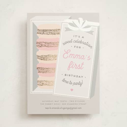 This is a mist kids birthday invitations with foil pressed by Jennifer Lew called macaron parlor printing on signature in standard