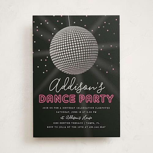 This is a raspberry kids birthday invitations with foil pressed by Kelly Nasuta called dance party printing on signature in standard