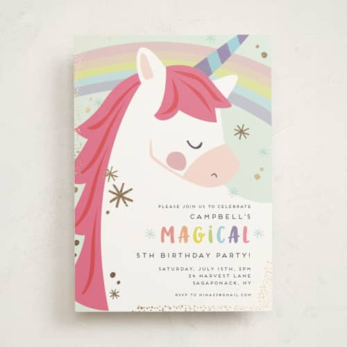 This is a bubblegum kids birthday invitations with foil pressed by peetie design called unicorno printing on signature in standard
