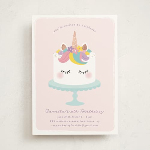 This is a strawberry kids birthday invitations with foil pressed by Annie Holmquist called sweet unicorn printing on signature in standard