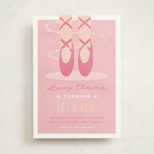 This is a bubblegum kids birthday invitations with foil pressed by Jen Banks called let's plie printing on signature in standard