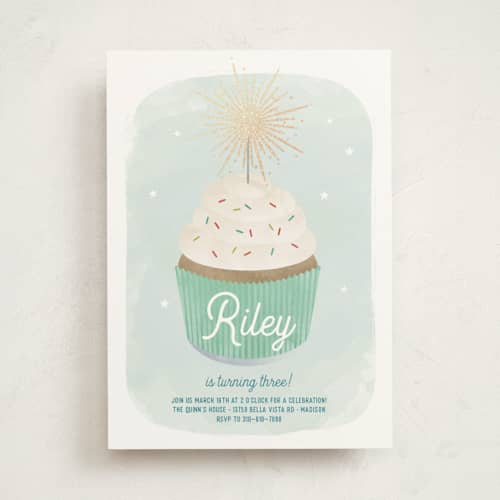 This is a spearmint kids birthday invitations with foil pressed by Lorent and Leif called sparkler printing on signature in standard