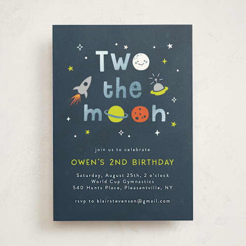 This is a midnight kids birthday invitations with foil pressed by Annie Holmquist called two the moon printing on signature in standard