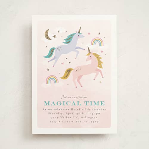 This is a cotton candy kids birthday invitations with foil pressed by Karidy Walker called magical unicorns printing on signature in standard