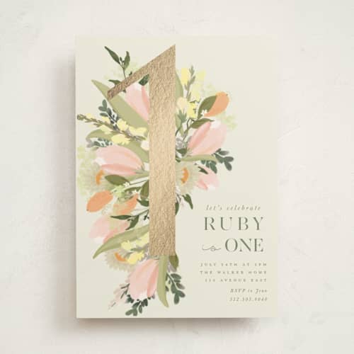 This is a sherbert kids birthday invitations with foil pressed by Grace Kreinbrink called shimmering floral one printing on signature in standard