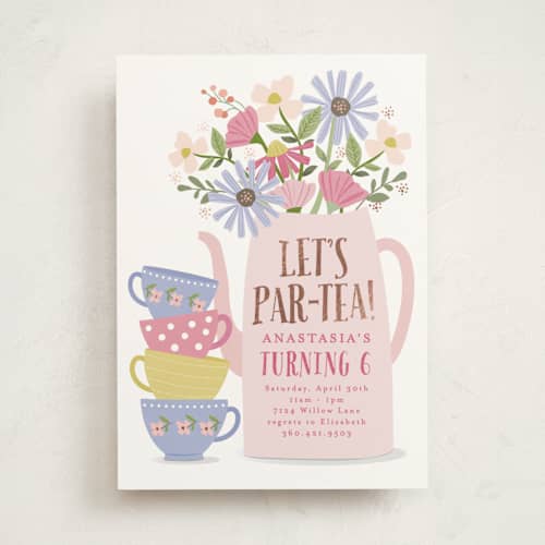 This is a petal kids birthday invitations with foil pressed by Karidy Walker called party teapot printing on signature in standard