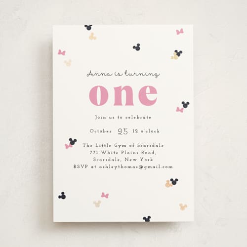 This is a peony kids birthday invitations with foil pressed by Annie Holmquist called disney's minnie mouse confetti printing on signature in standard