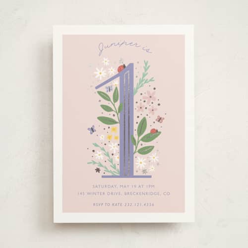 This is a wisteria kids birthday invitations with foil pressed by Hudson meet Rose called garden printing on signature in standard
