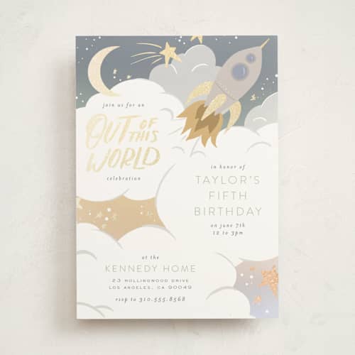 This is a lunar kids birthday invitations with foil pressed by Leah Bisch called out of this world printing on signature in standard