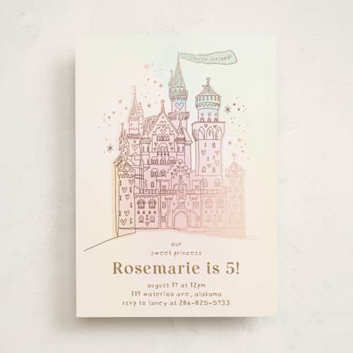 This is a carnation kids birthday invitations with foil pressed by Phrosné Barwood called princess fairytale castle printing on signature in standard