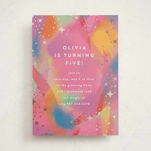 This is a candy kids birthday invitations with foil pressed by Katie Zimpel called galaxy rainbow printing on signature in standard