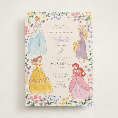 This is a buttercream kids birthday invitations with foil pressed by Cass Loh called disney princess garden party printing on signature in standard