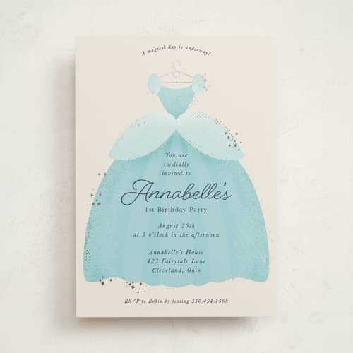 This is a sky kids birthday invitations with foil pressed by Megan Cash called disney cinderella princess dress printing on signature in standard